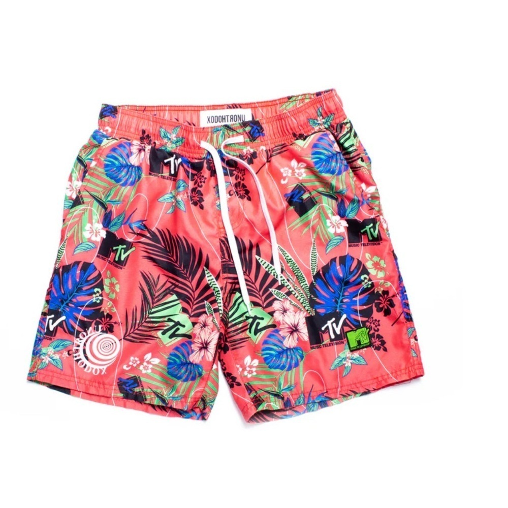 MTV Mens Swim Trunks Shorts Hawaiian Tropical Pink Lined Drawstring